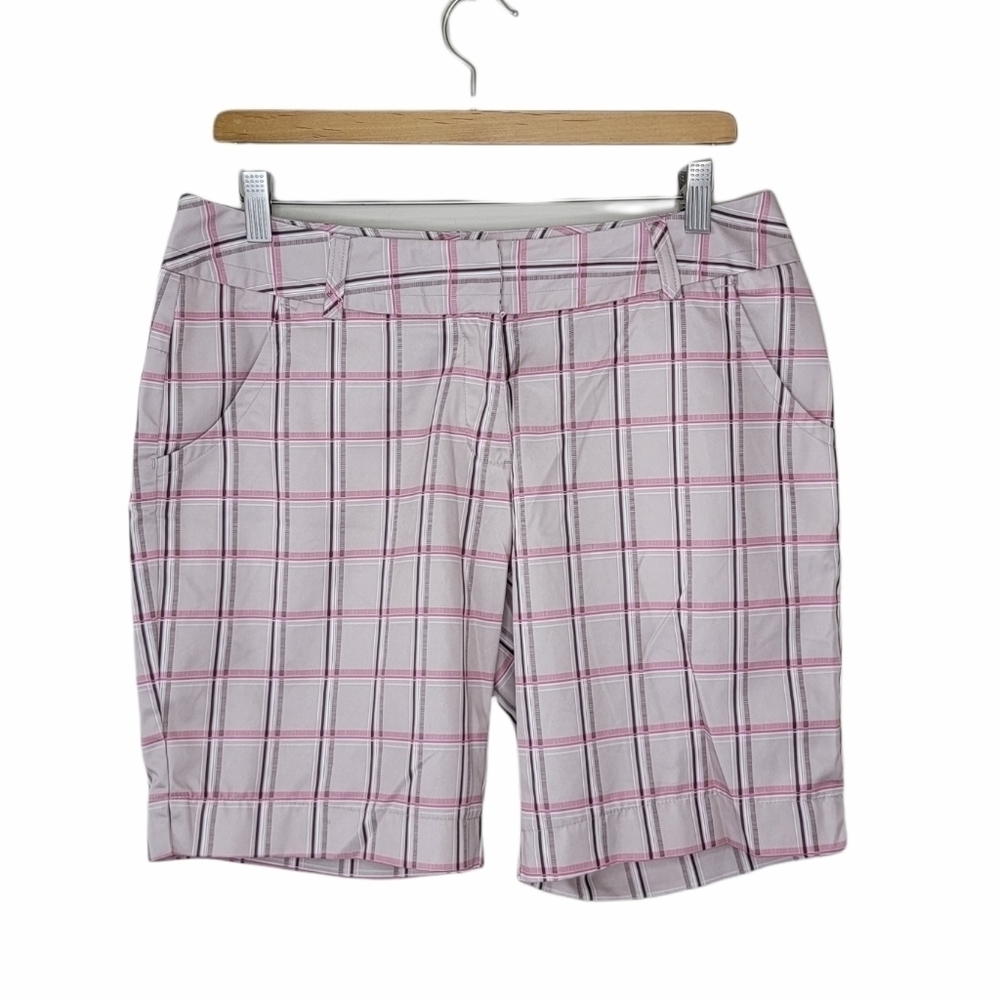 Adidas Tan & Pink Plaid Bermuda Golf Shorts Size 6 Sporty Preppy Athleisure